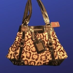 Rafe NEW YORK satchel handbag, black/Gold jaguar/Leopard print calf hair, NWT